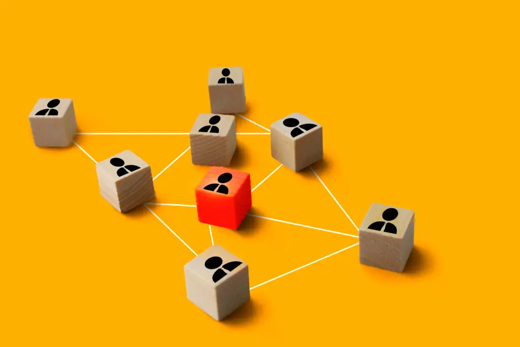 connecting icon people wooden cube block for social media networ